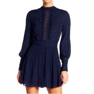 HAUTE HIPPIE Victorian long sleeve embroidered ruffle dress navy blue size 4